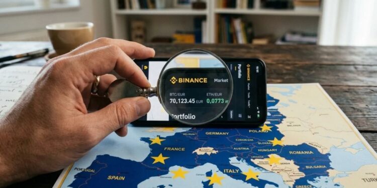 Un smartphone que muestra la app de Binance visto a través de una lupa, sostenido por una mano sobre un mapa de Europa con el diseño de la bandera de la Unión Europea.