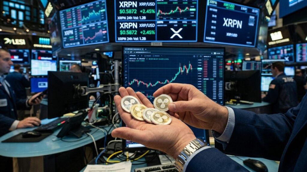 Mano sosteniendo monedas de XRP frente a pantallas bursátiles con el ticker XRPN.