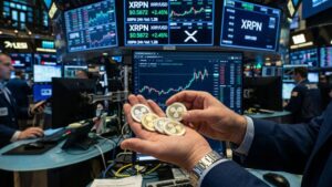 Mano sosteniendo monedas de XRP frente a pantallas bursátiles con el ticker XRPN.