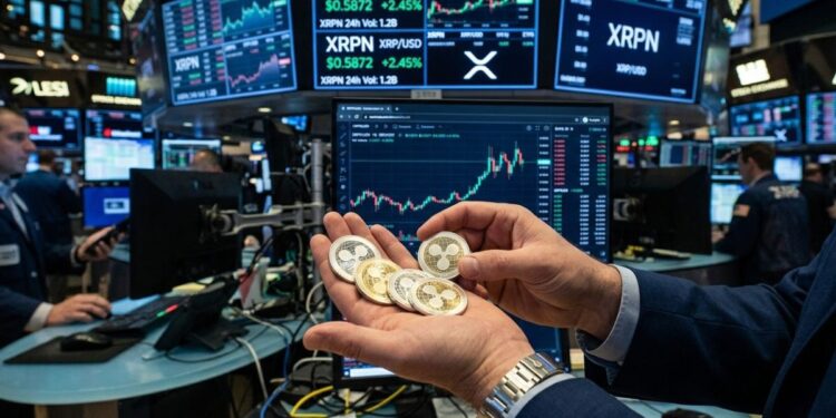 Mano sosteniendo monedas de XRP frente a pantallas bursátiles con el ticker XRPN.