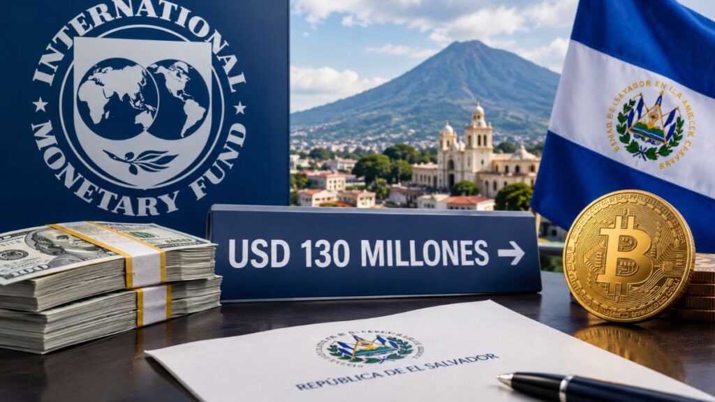 Logo del FMI, bandera de El Salvador, moneda de Bitcoin, dólares.