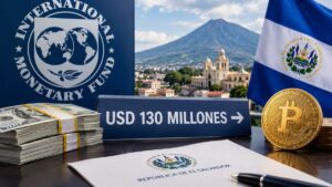 Logo del FMI, bandera de El Salvador, moneda de Bitcoin, dólares.