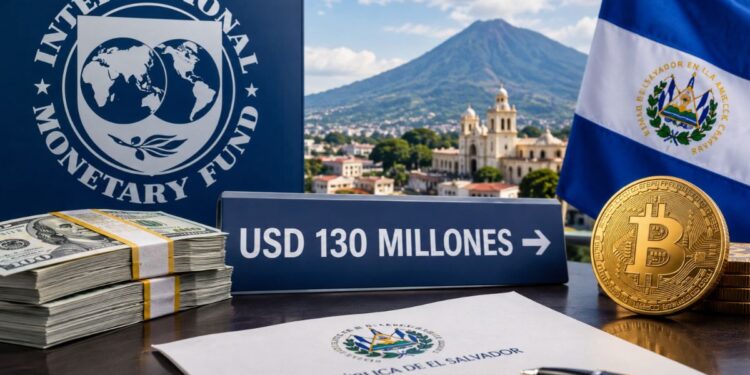 Logo del FMI, bandera de El Salvador, moneda de Bitcoin, dólares.