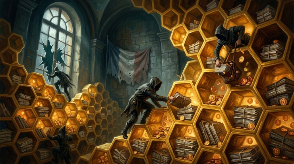 A grand French government archive hall rendered as a giant golden honeycomb, each hexagonal cell filled with tax files and small glowing bitcoin coins instead of honey. Hooded thieves crawl like wasps into the cells, carrying files away through a broken window. A tricolor French flag hangs faded in the background.