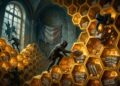 A grand French government archive hall rendered as a giant golden honeycomb, each hexagonal cell filled with tax files and small glowing bitcoin coins instead of honey. Hooded thieves crawl like wasps into the cells, carrying files away through a broken window. A tricolor French flag hangs faded in the background.