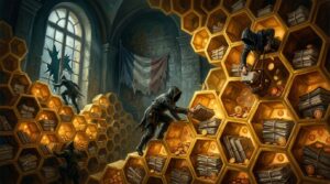 A grand French government archive hall rendered as a giant golden honeycomb, each hexagonal cell filled with tax files and small glowing bitcoin coins instead of honey. Hooded thieves crawl like wasps into the cells, carrying files away through a broken window. A tricolor French flag hangs faded in the background.