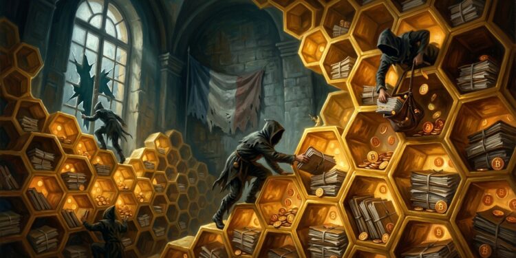 A grand French government archive hall rendered as a giant golden honeycomb, each hexagonal cell filled with tax files and small glowing bitcoin coins instead of honey. Hooded thieves crawl like wasps into the cells, carrying files away through a broken window. A tricolor French flag hangs faded in the background.