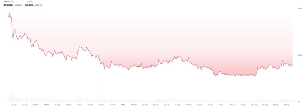 Gráfico que muestra la evolución de la capitalización de mercado de las memecoins.