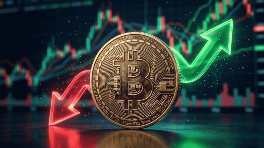 Moneda de bitcoin con flechas rojas y verdes.