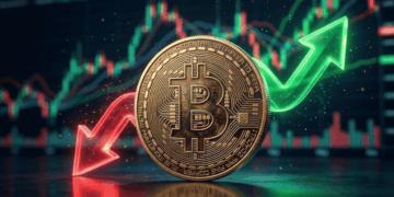 Moneda de bitcoin con flechas rojas y verdes.