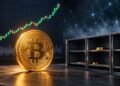 Una moneda física de bitcoin junto a un bóveda y un gráfico de precios.
