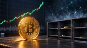 Una moneda física de bitcoin junto a un bóveda y un gráfico de precios.
