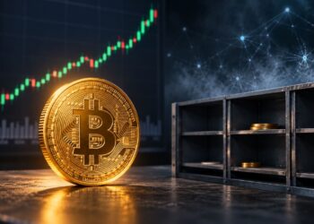 Una moneda física de bitcoin junto a un bóveda y un gráfico de precios.