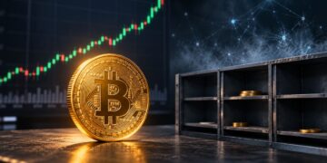 Una moneda física de bitcoin junto a un bóveda y un gráfico de precios.