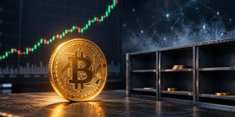 Una moneda física de bitcoin junto a un bóveda y un gráfico de precios.