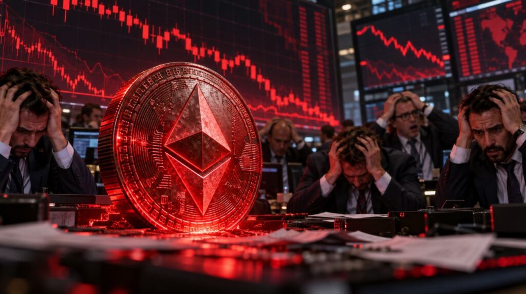 Moneda física roja de Ethereum rodeada de inversionistas que se toman la cabeza.
