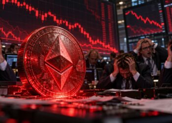 Moneda física roja de Ethereum rodeada de inversionistas que se toman la cabeza.