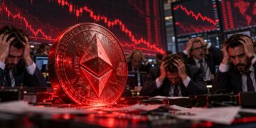 Moneda física roja de Ethereum rodeada de inversionistas que se toman la cabeza.