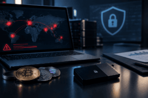 Una computadora con el mapa mundi con puntos de hackeo, monedas de criptomonedas y wallets sobre un escritorio