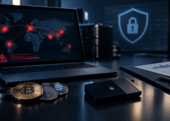 Una computadora con el mapa mundi con puntos de hackeo, monedas de criptomonedas y wallets sobre un escritorio