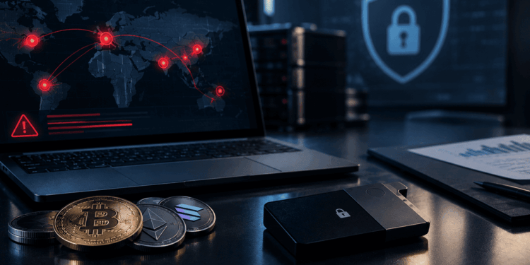 Una computadora con el mapa mundi con puntos de hackeo, monedas de criptomonedas y wallets sobre un escritorio