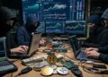 Monedas de NEAR con gráficos de mercado mixtos en el fondo y hackers encapuchados alrededor.