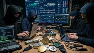 Monedas de NEAR con gráficos de mercado mixtos en el fondo y hackers encapuchados alrededor.