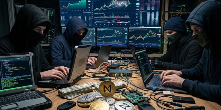 Monedas de NEAR con gráficos de mercado mixtos en el fondo y hackers encapuchados alrededor.