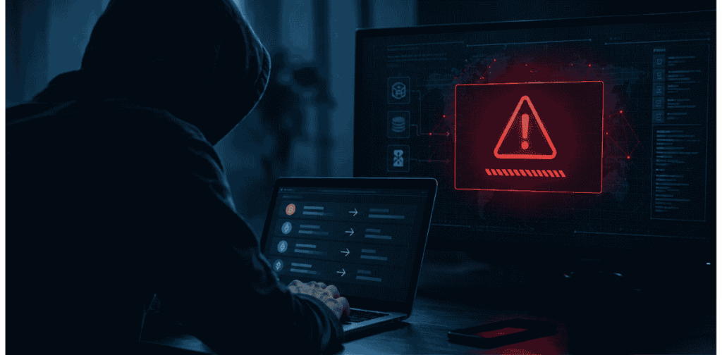 Un hacker, un monitor con simbolo de alerta.