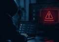 Un hacker, un monitor con simbolo de alerta.