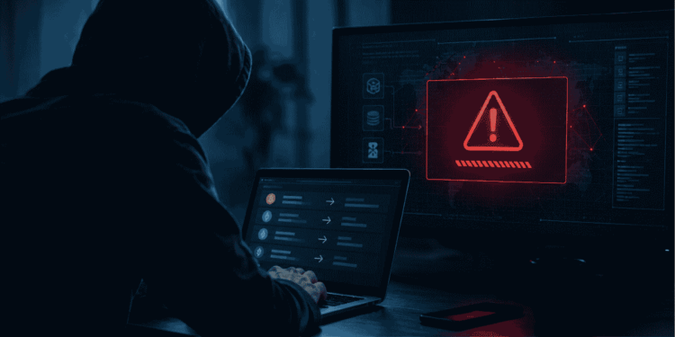 Un hacker, un monitor con simbolo de alerta.