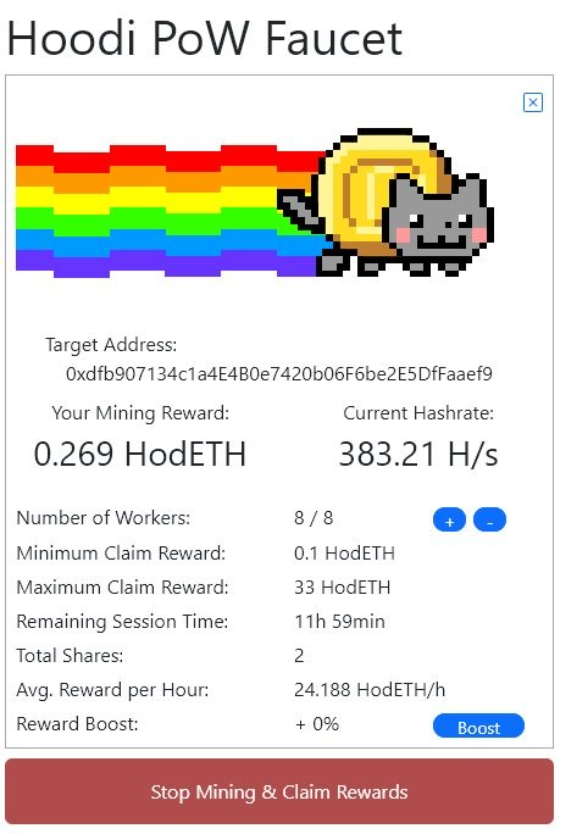 Captura de pantalla de Hoodi PoW Faucet.