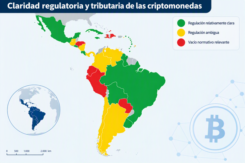 Gráfico que muestra en verde los países con regulación clara, en amarillo los países con regulación ambigua y en rojo los países con regulación sin aclaratoria.