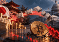Bandera de Japón, moneda de bitcoin, flechar roja descendente. Billetes fluyendo de un país a otro.