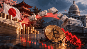 Bandera de Japón, moneda de bitcoin, flechar roja descendente. Billetes fluyendo de un país a otro.