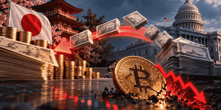 Bandera de Japón, moneda de bitcoin, flechar roja descendente. Billetes fluyendo de un país a otro.