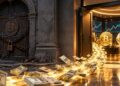 Fajos de dólares dorados entrando por una puerta que dice bitcoin