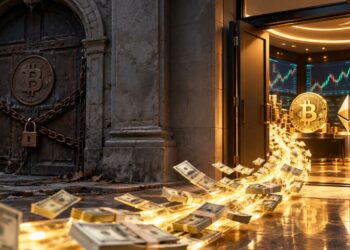 Fajos de dólares dorados entrando por una puerta que dice bitcoin