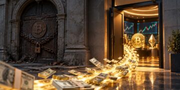 Fajos de dólares dorados entrando por una puerta que dice bitcoin