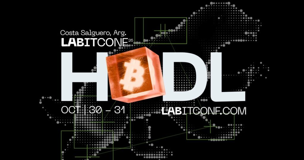 Arte oficial de LABITCONF 2026 con el lema HODL y un cubo naranja con el logo de bitcoin