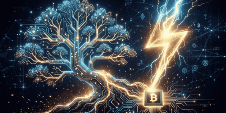 Representación abstracta de LayerTree: un único UTXO que actúa como raíz para ramificar los saldos de millones de usuarios.