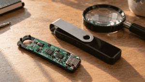 Sobre una mesa: dispositivo Ledger abierto, dispositivo Ledger cerrado y una lupa.