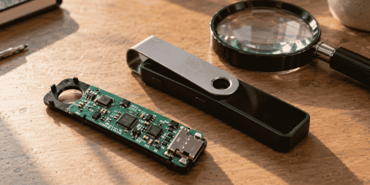 Sobre una mesa: dispositivo Ledger abierto, dispositivo Ledger cerrado y una lupa.