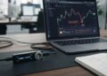 Hardware wallet Ledger conectada a una laptop que muestra gráficos financieros y análisis de seguridad en un escritorio de oficina.