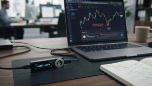 Hardware wallet Ledger conectada a una laptop que muestra gráficos financieros y análisis de seguridad en un escritorio de oficina.