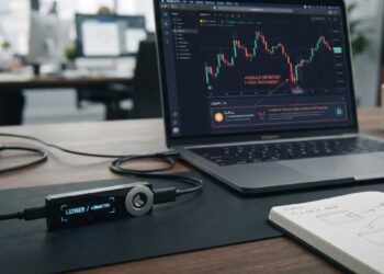 Hardware wallet Ledger conectada a una laptop que muestra gráficos financieros y análisis de seguridad en un escritorio de oficina.