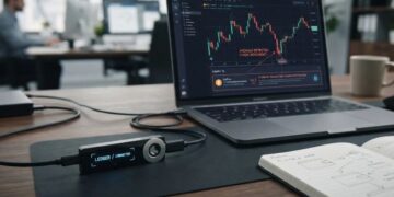Hardware wallet Ledger conectada a una laptop que muestra gráficos financieros y análisis de seguridad en un escritorio de oficina.