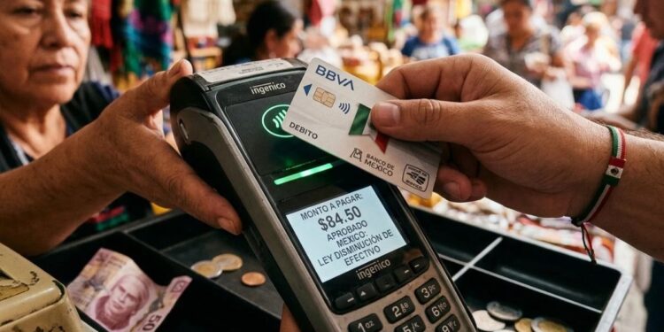 Primer plano macro de un pago digital con tarjeta mediante terminal punto de venta inalámbrica en un entorno comercial de México.