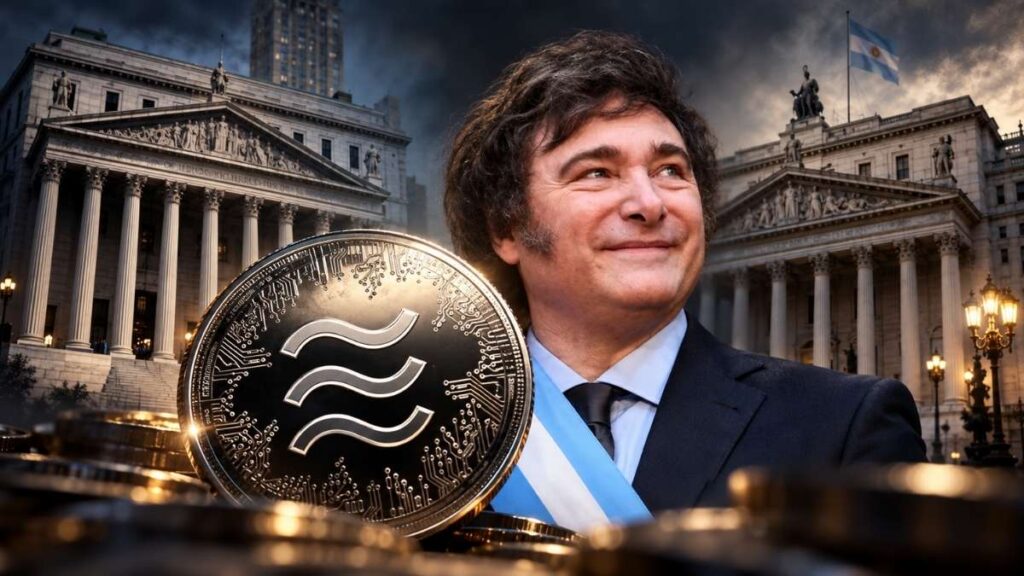 Composición que incluye al presidente Javier Milei, la criptomoneda LIBRA y edificios de los tribunales de Estados Unidos y Argentina.