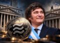 Composición que incluye al presidente Javier Milei, la criptomoneda LIBRA y edificios de los tribunales de Estados Unidos y Argentina.